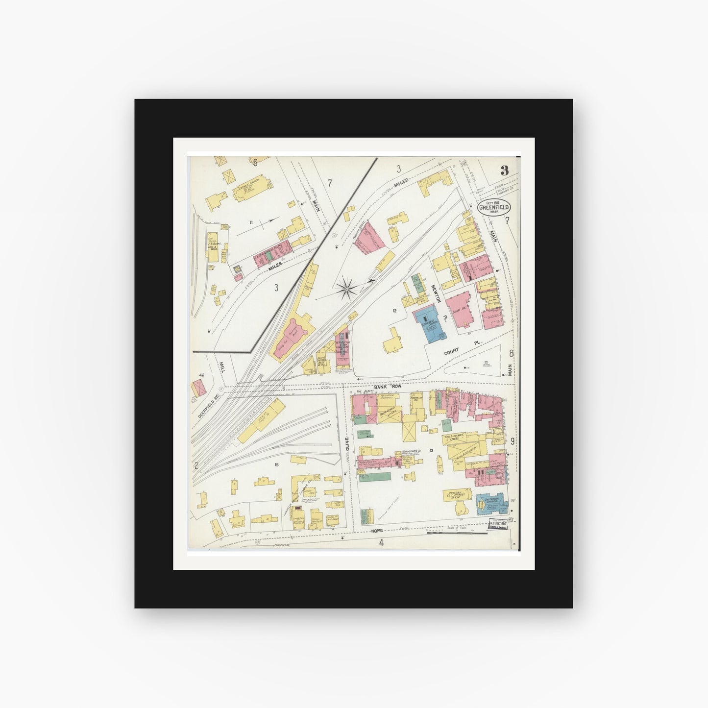 Old map wall art mockup — black gallery frame with white mat — Sanborn Fire Insurance Map from Greenfield, Franklin County, Massachusetts (1902), Sheet #0003