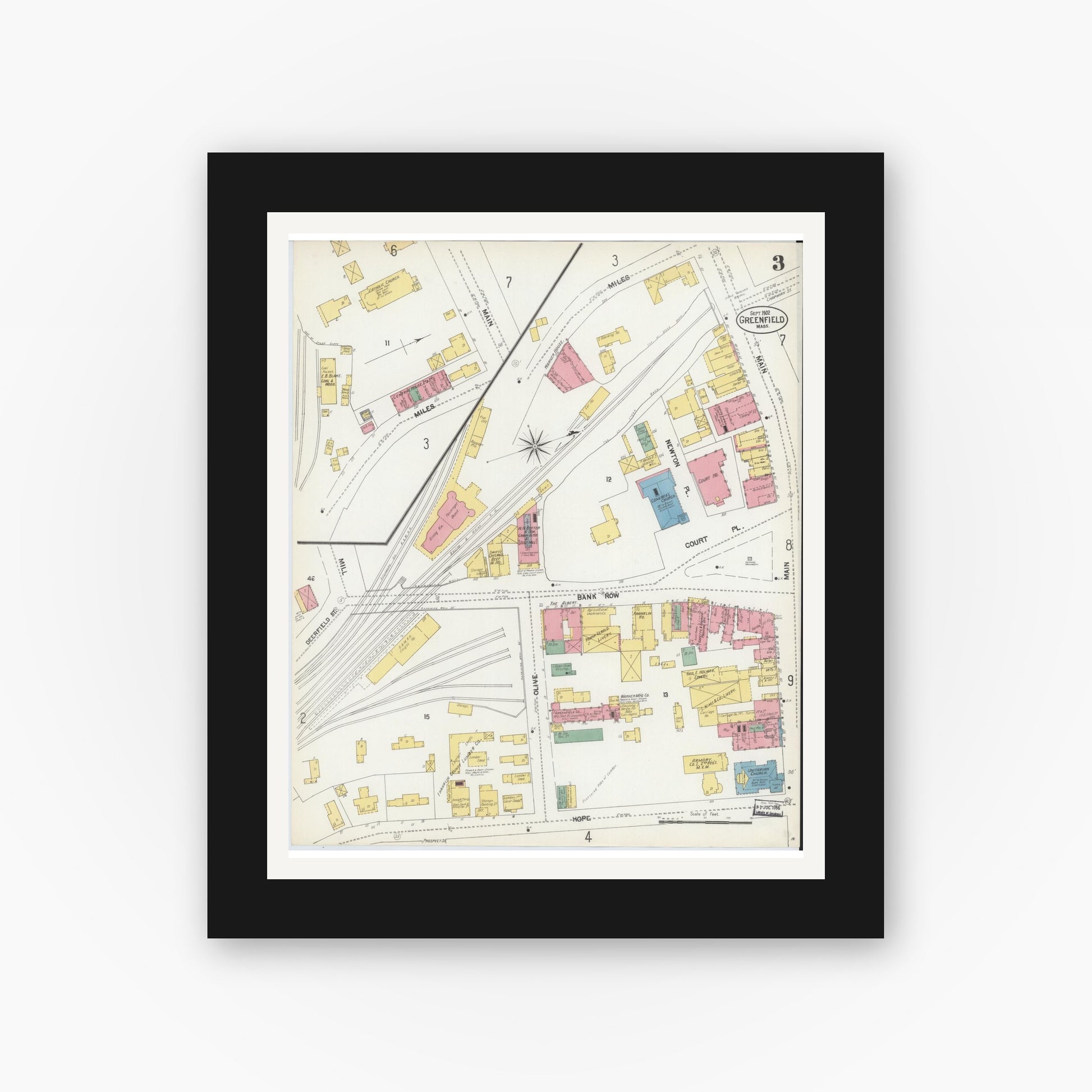 Old map wall art mockup — black gallery frame with white mat — Sanborn Fire Insurance Map from Greenfield, Franklin County, Massachusetts (1902), Sheet #0003