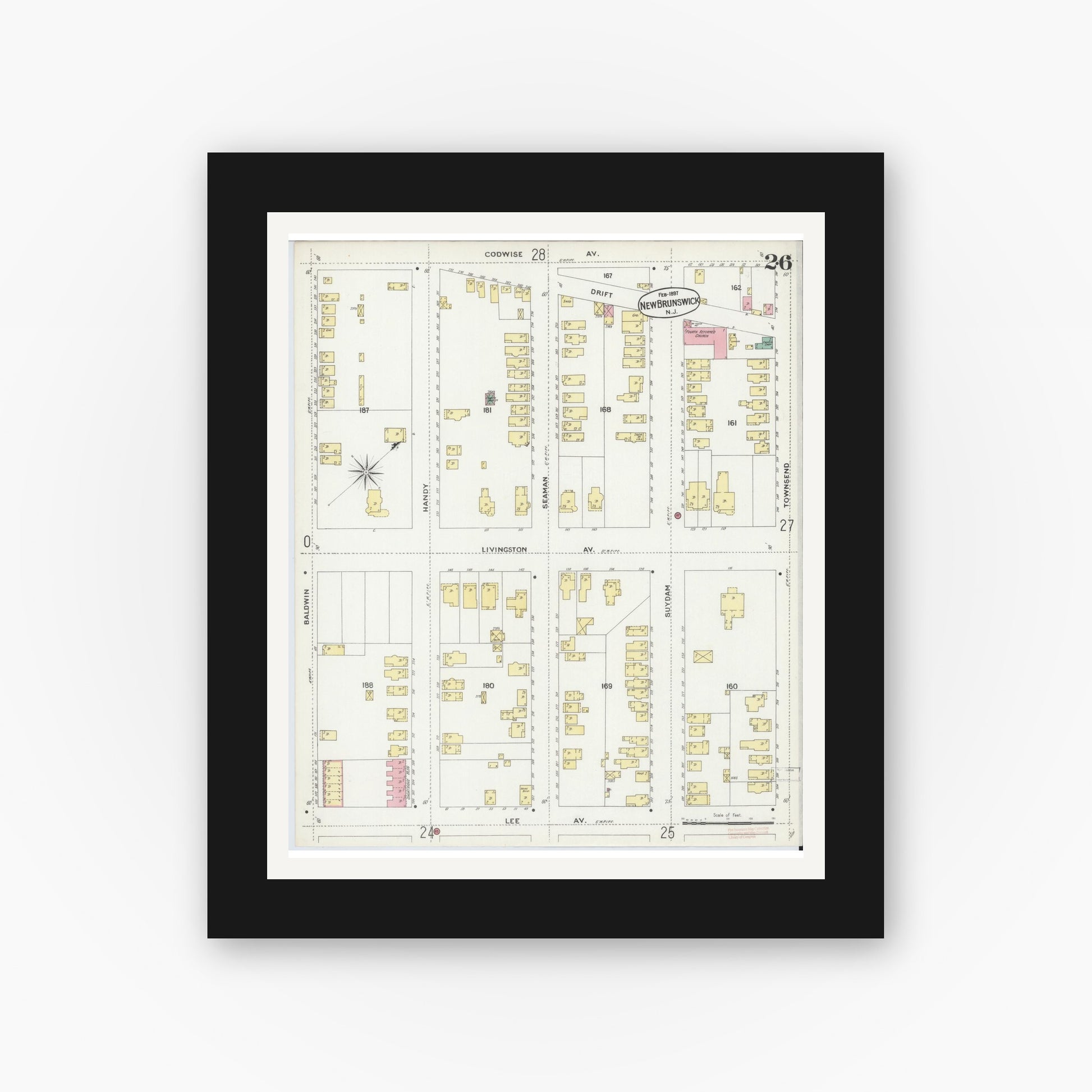 Old map wall art mockup — black gallery frame with white mat — Sanborn Fire Insurance Map from New Brunswick, Middlesex County, New Jersey (1897), Sheet #0026