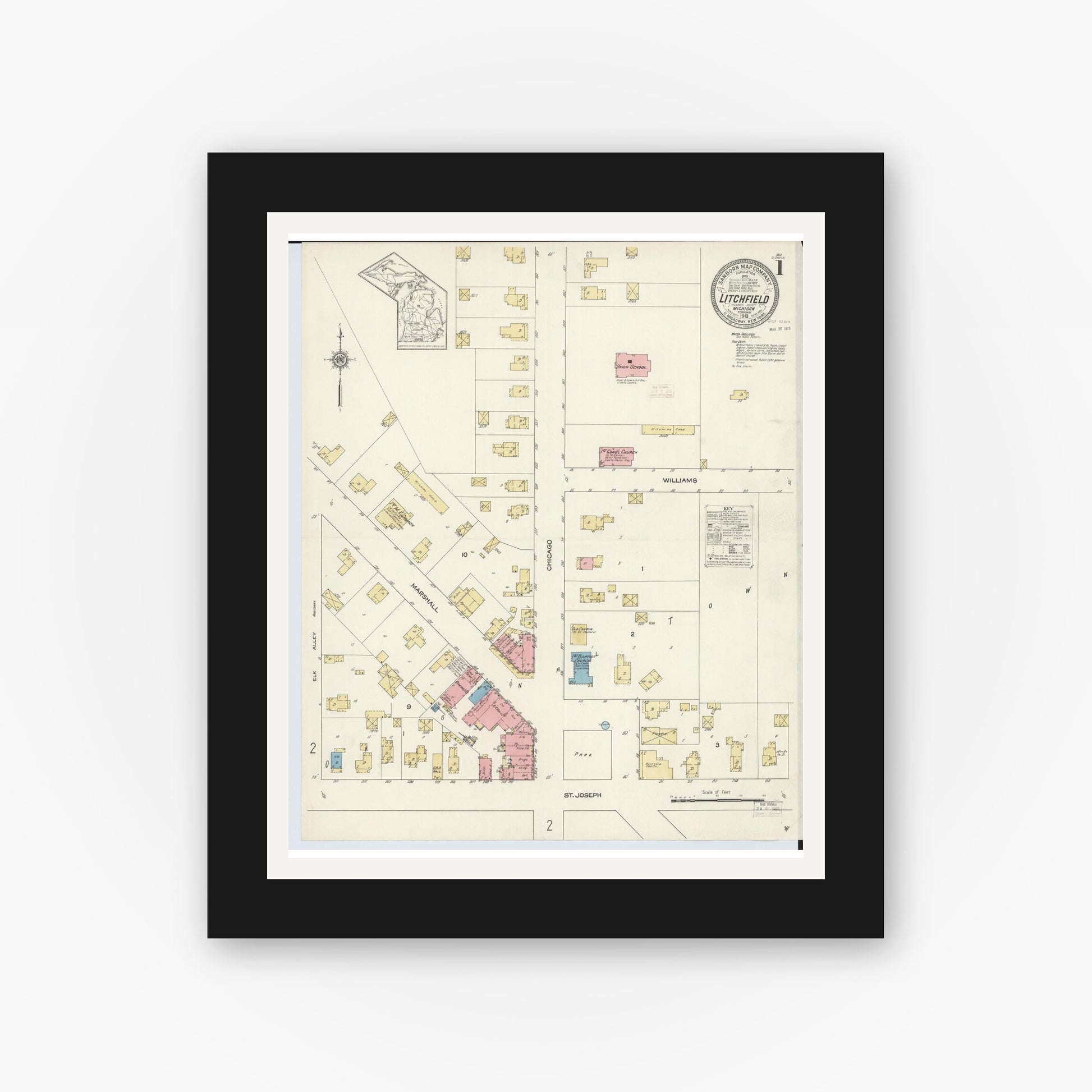 Old map wall art mockup — black gallery frame with white mat — Sanborn Fire Insurance Map from Litchfield, Hillsdale County, Michigan (1913) - Complete Map Set