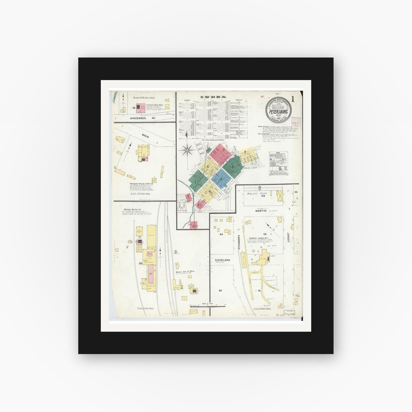 Old map wall art mockup — black gallery frame with white mat — Sanborn Fire Insurance Map from Petersburg, Pike County, Indiana (1907) - Complete Map Set