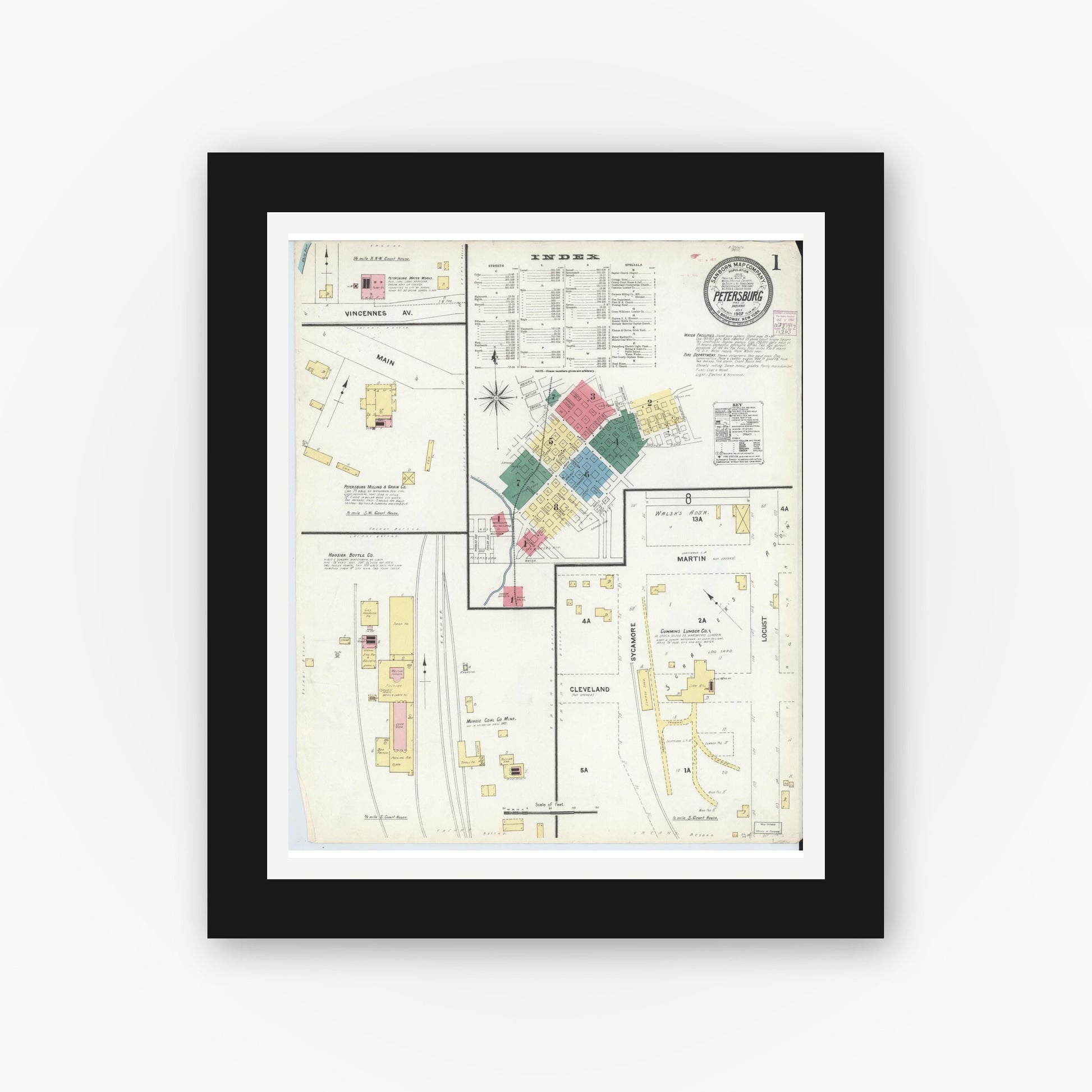 Old map wall art mockup — black gallery frame with white mat — Sanborn Fire Insurance Map from Petersburg, Pike County, Indiana (1907) - Complete Map Set