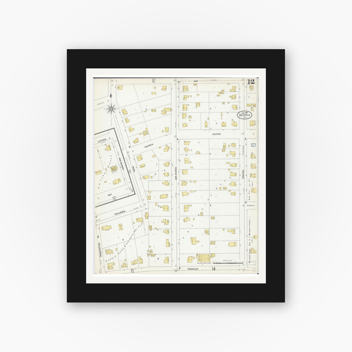 Old map wall art mockup — black gallery frame with white mat — Sanborn Fire Insurance Map from Batavia, Kane County, Illinois (1907), Sheet #0012