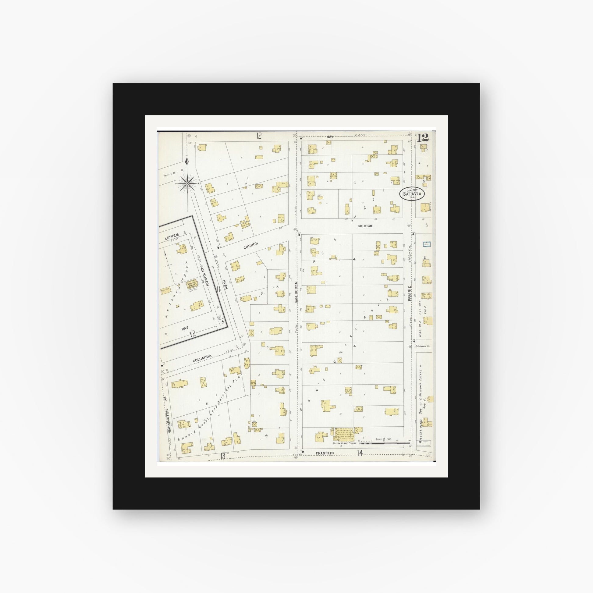 Old map wall art mockup — black gallery frame with white mat — Sanborn Fire Insurance Map from Batavia, Kane County, Illinois (1907), Sheet #0012