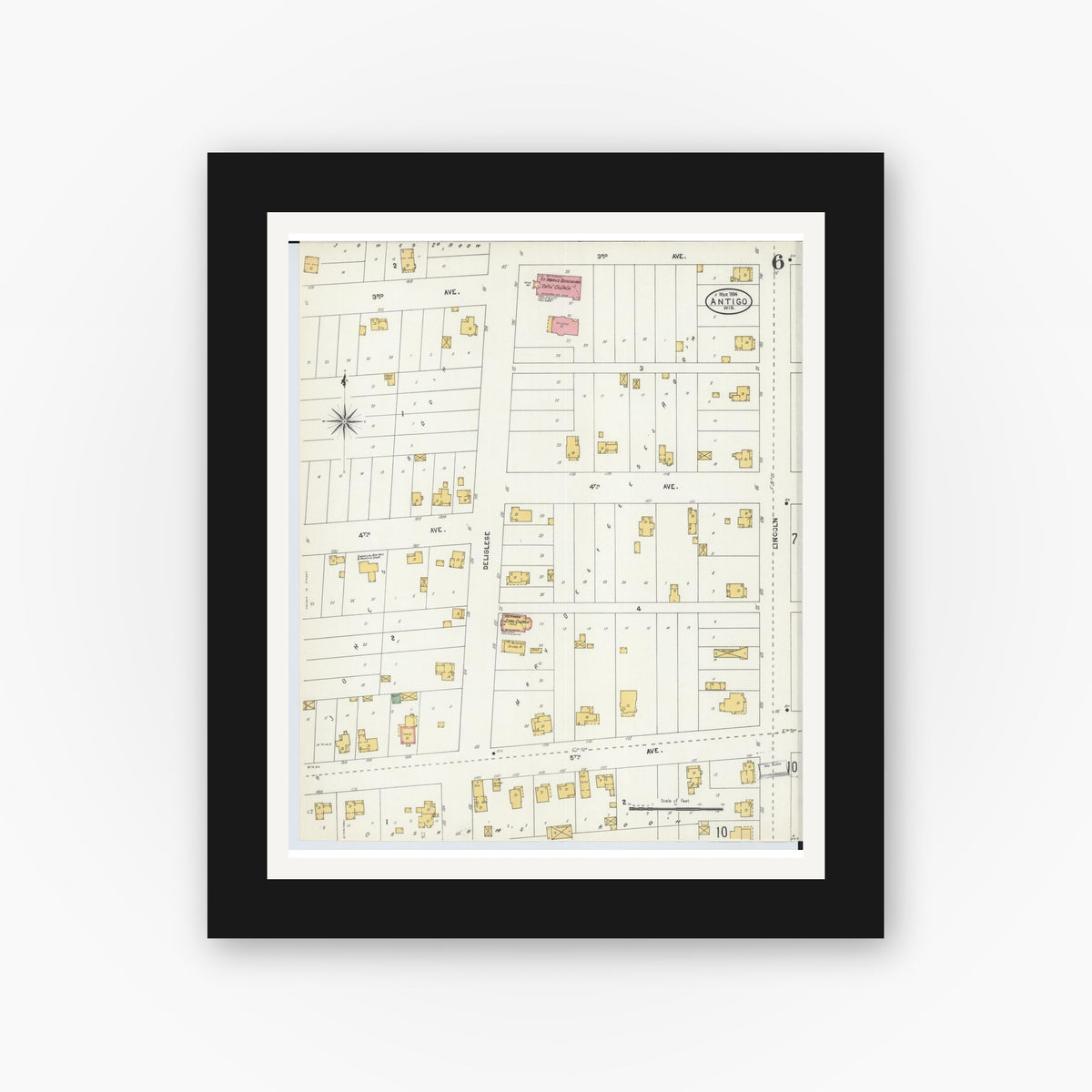 Old map wall art mockup — black gallery frame with white mat — Sanborn Fire Insurance Map from Antigo, Langlade County, Wisconsin (1904), Sheet #0006