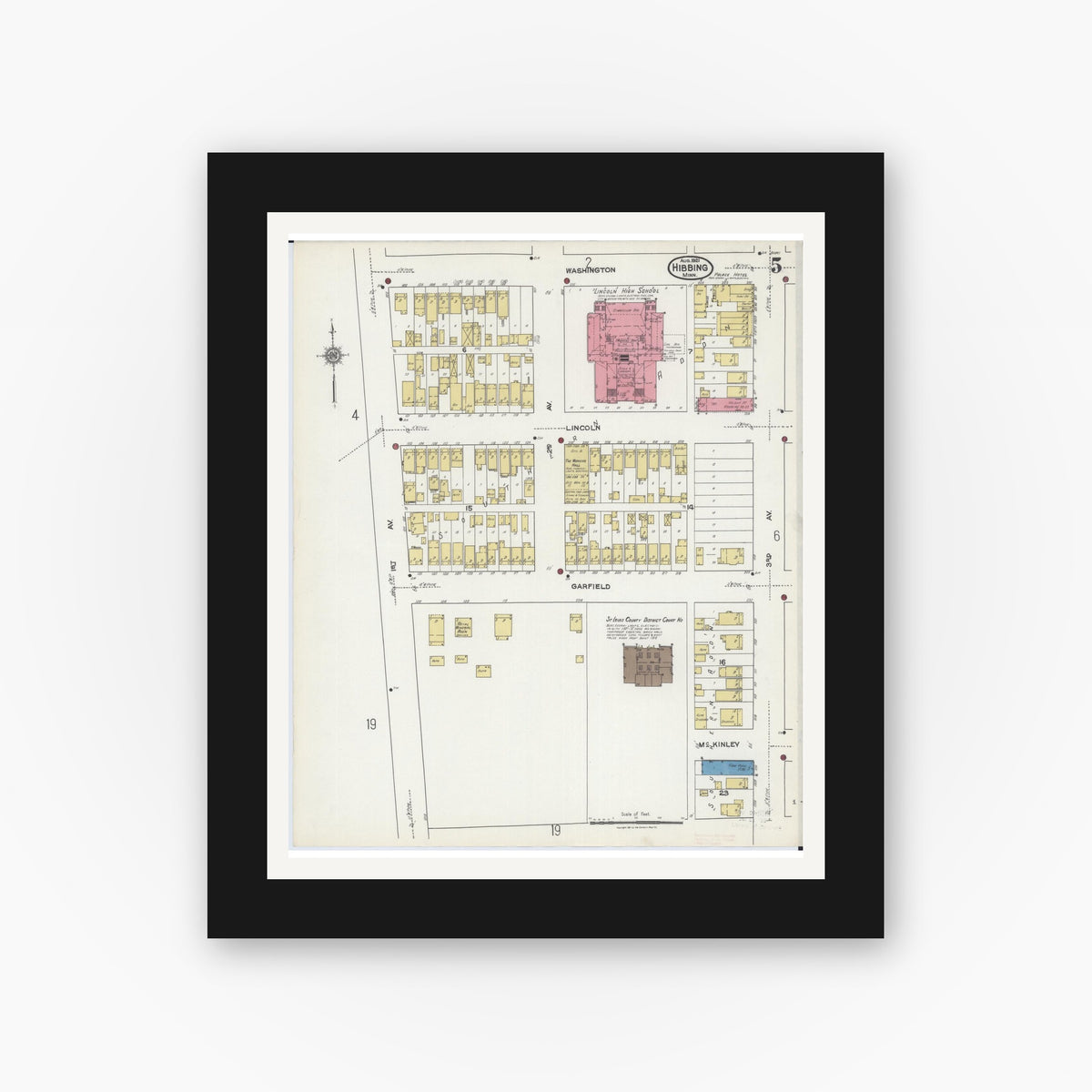 Old map wall art mockup — black gallery frame with white mat — Sanborn Fire Insurance Map from Hibbing, Saint Louis County, Minnesota (1921), Sheet #0005
