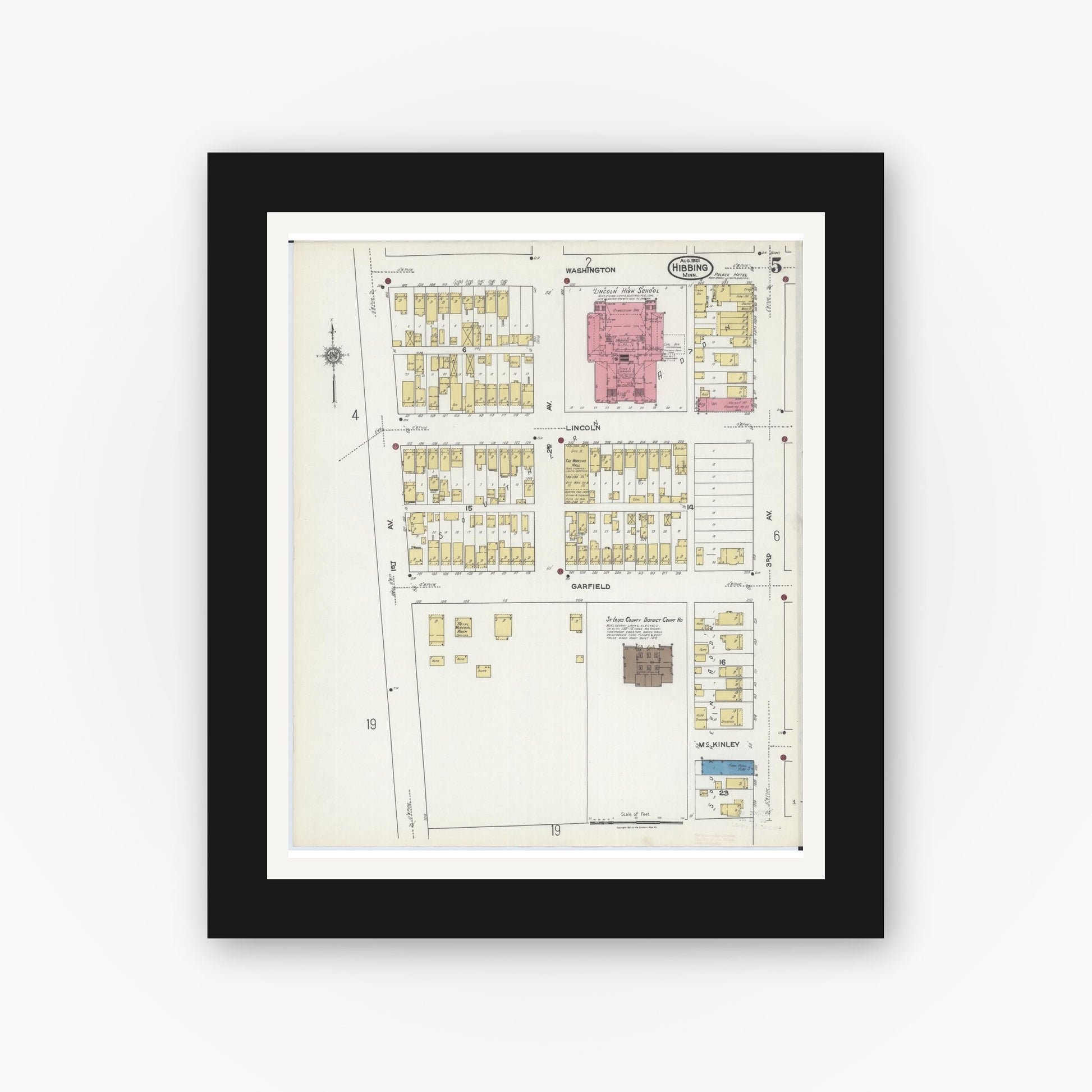 Old map wall art mockup — black gallery frame with white mat — Sanborn Fire Insurance Map from Hibbing, Saint Louis County, Minnesota (1921), Sheet #0005