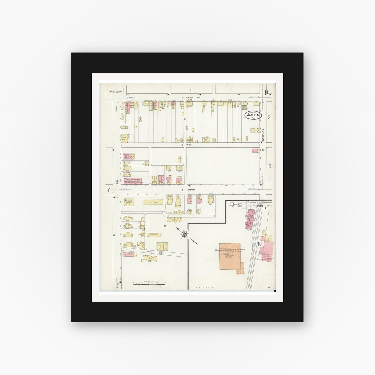 Old map wall art mockup — black gallery frame with white mat — Sanborn Fire Insurance Map from Manheim, Lancaster County, Pennsylvania (1912), Sheet #0009