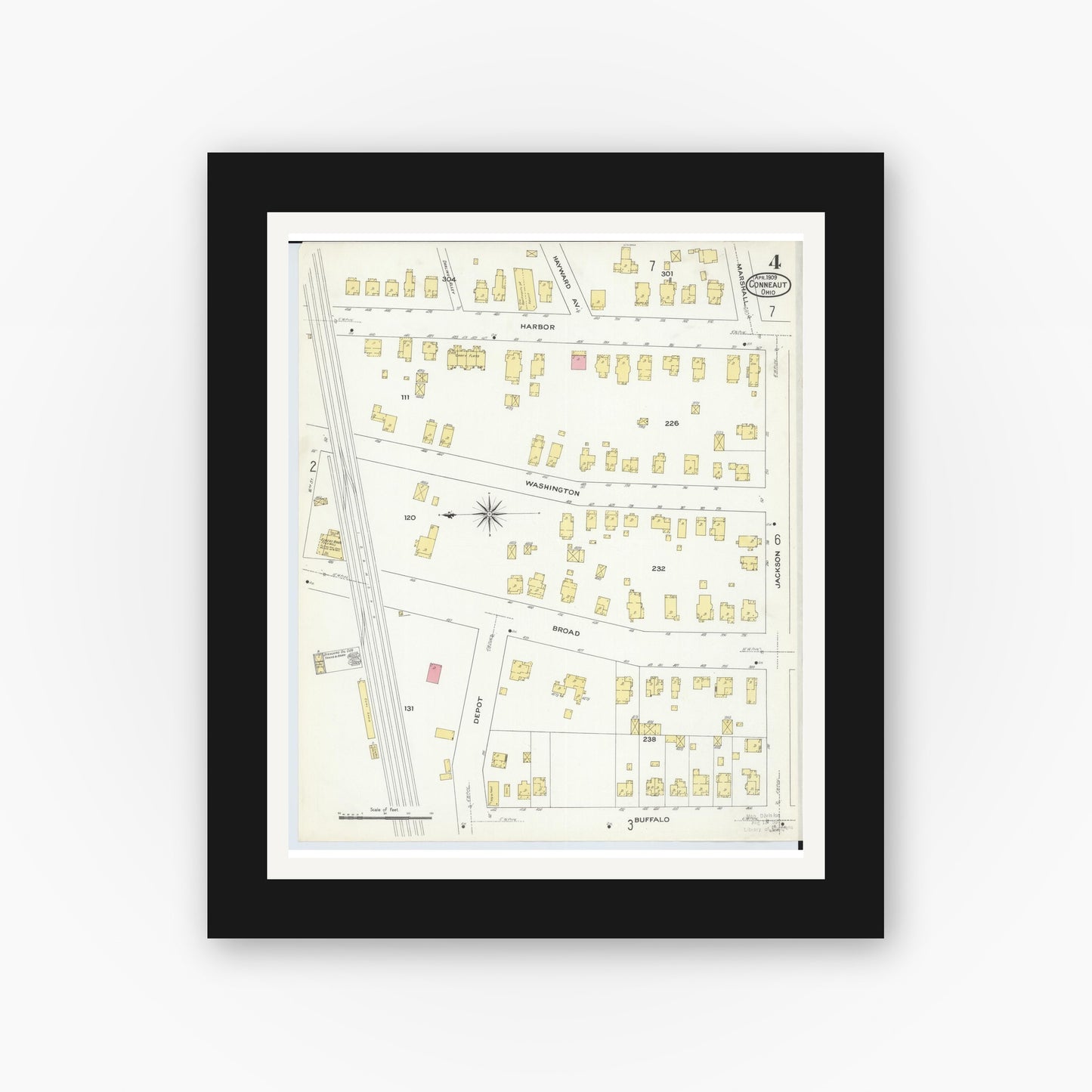 Old map wall art mockup — black gallery frame with white mat — Sanborn Fire Insurance Map from Conneaut, Ashtabula County, Ohio (1909), Sheet #0004