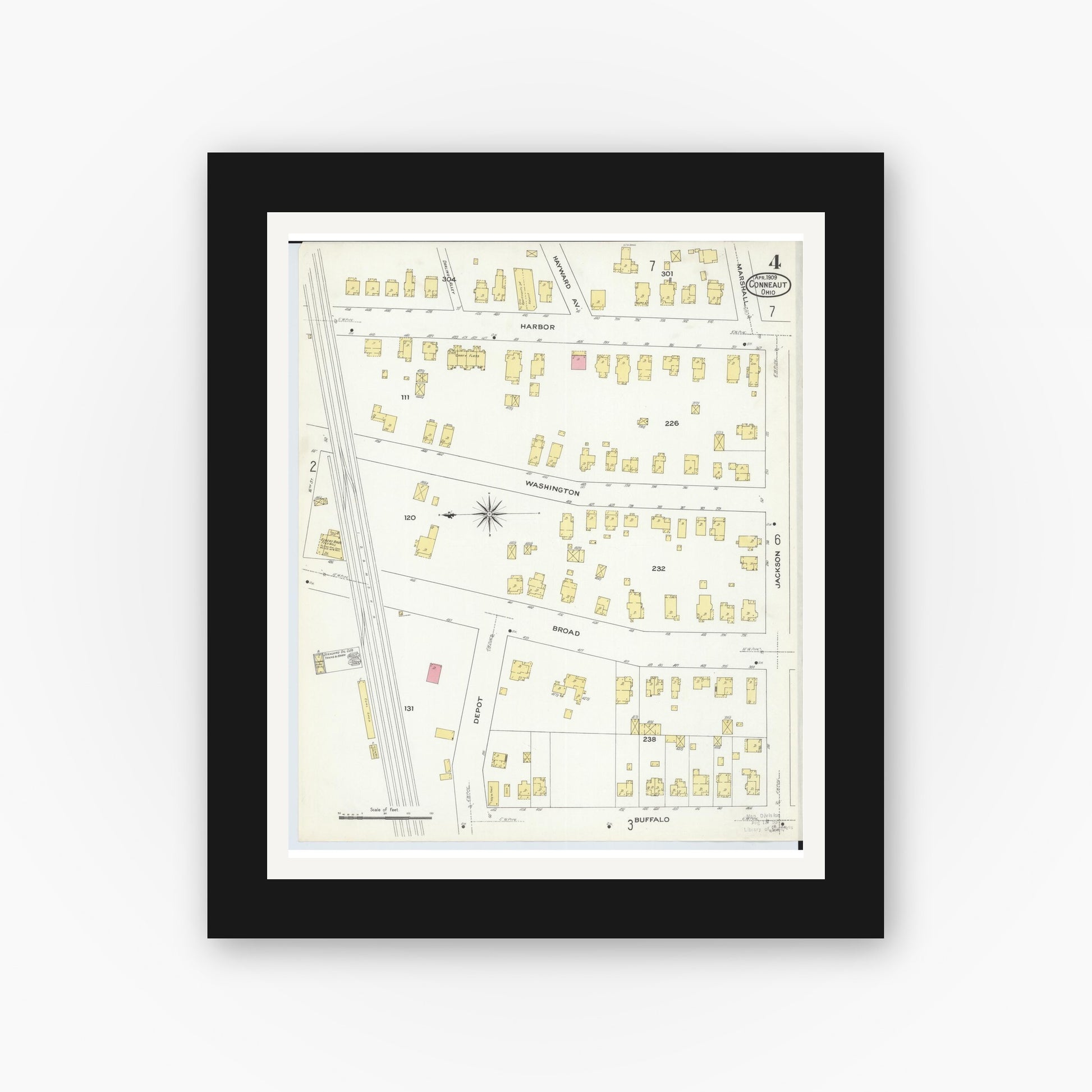 Old map wall art mockup — black gallery frame with white mat — Sanborn Fire Insurance Map from Conneaut, Ashtabula County, Ohio (1909), Sheet #0004