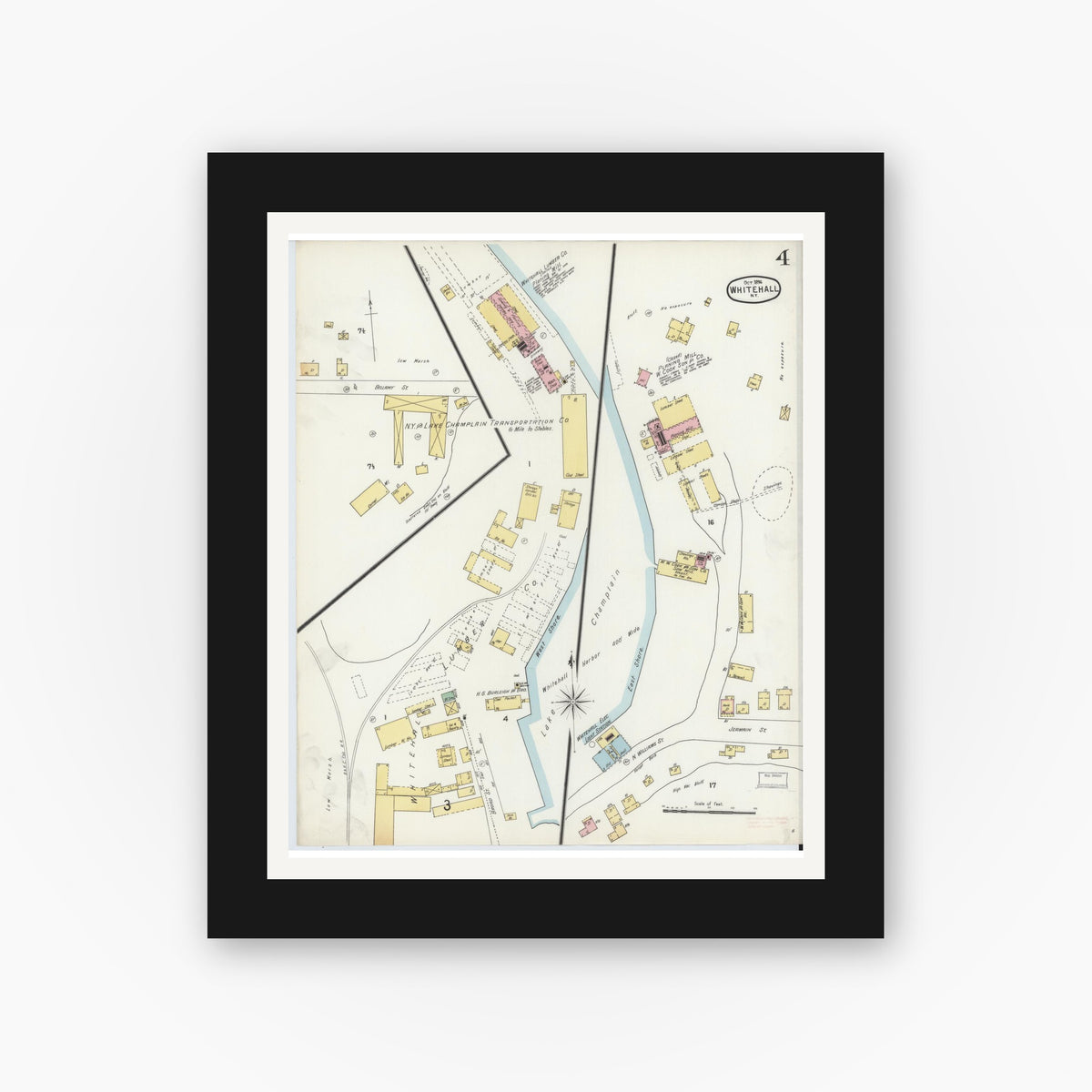 Old map wall art mockup — black gallery frame with white mat — Sanborn Fire Insurance Map from Whitehall, Washington County, New York (1896), Sheet #0004