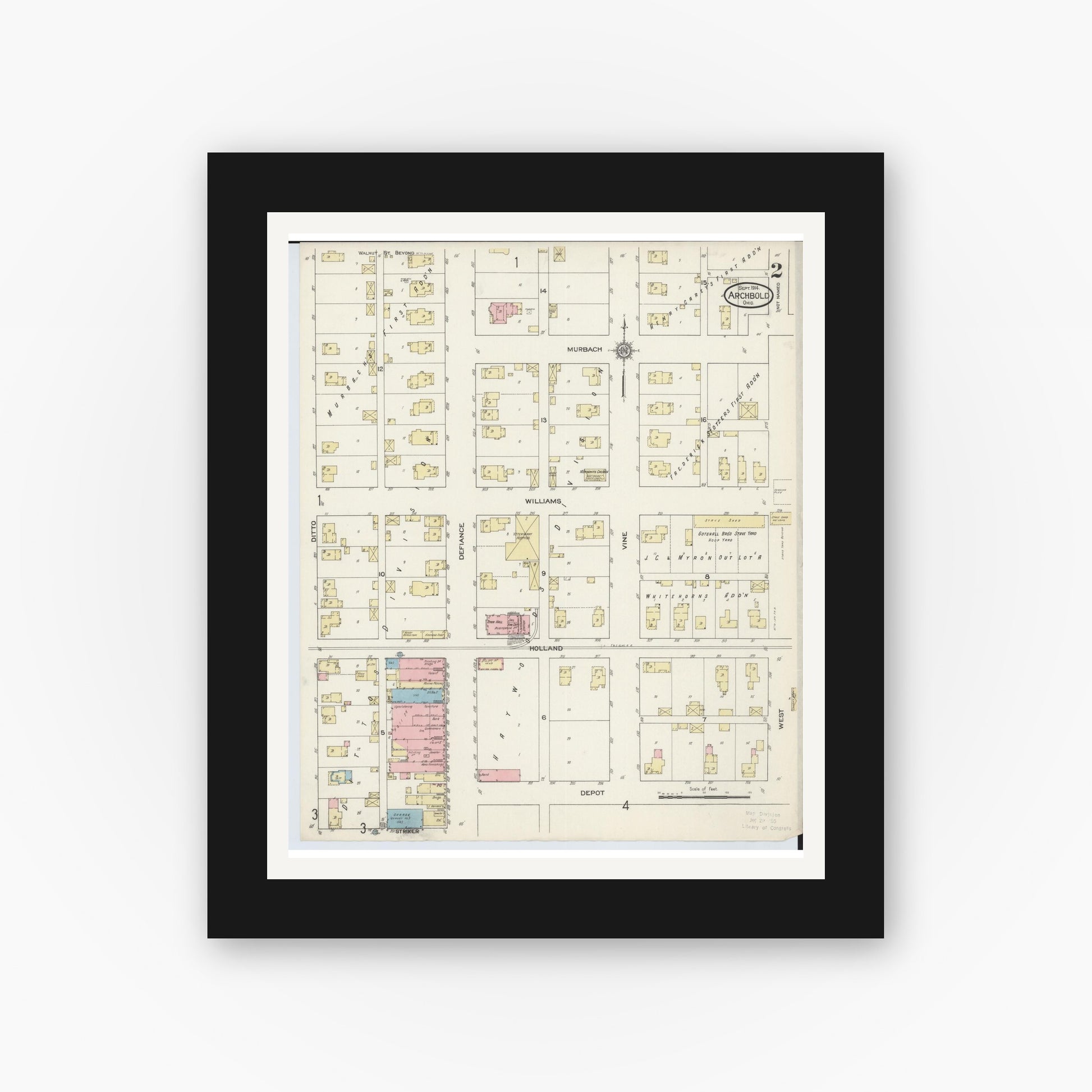 Old map wall art mockup — black gallery frame with white mat — Sanborn Fire Insurance Map from Archbold, Fulton County, Ohio (1914), Sheet #0002