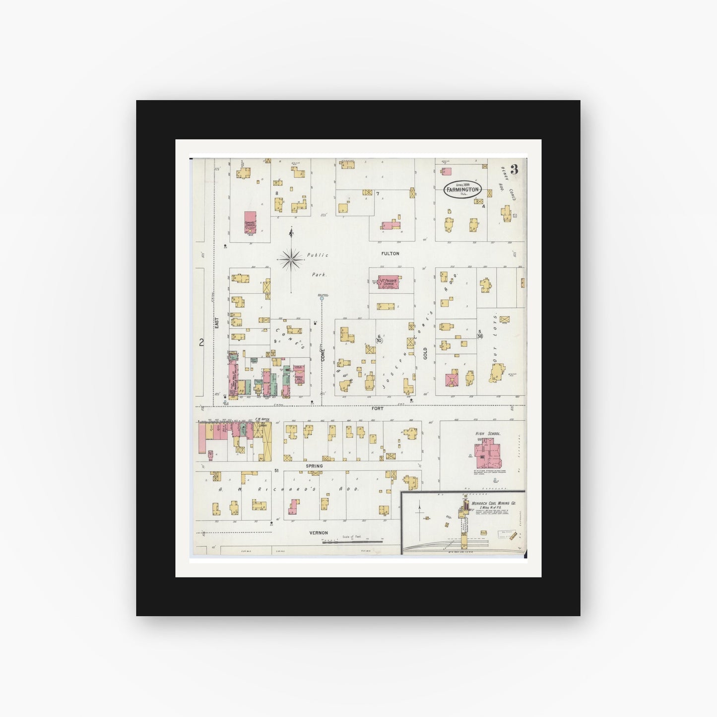 Old map wall art mockup — black gallery frame with white mat — Sanborn Fire Insurance Map from Farmington, Fulton County, Illinois (1899), Sheet #0003