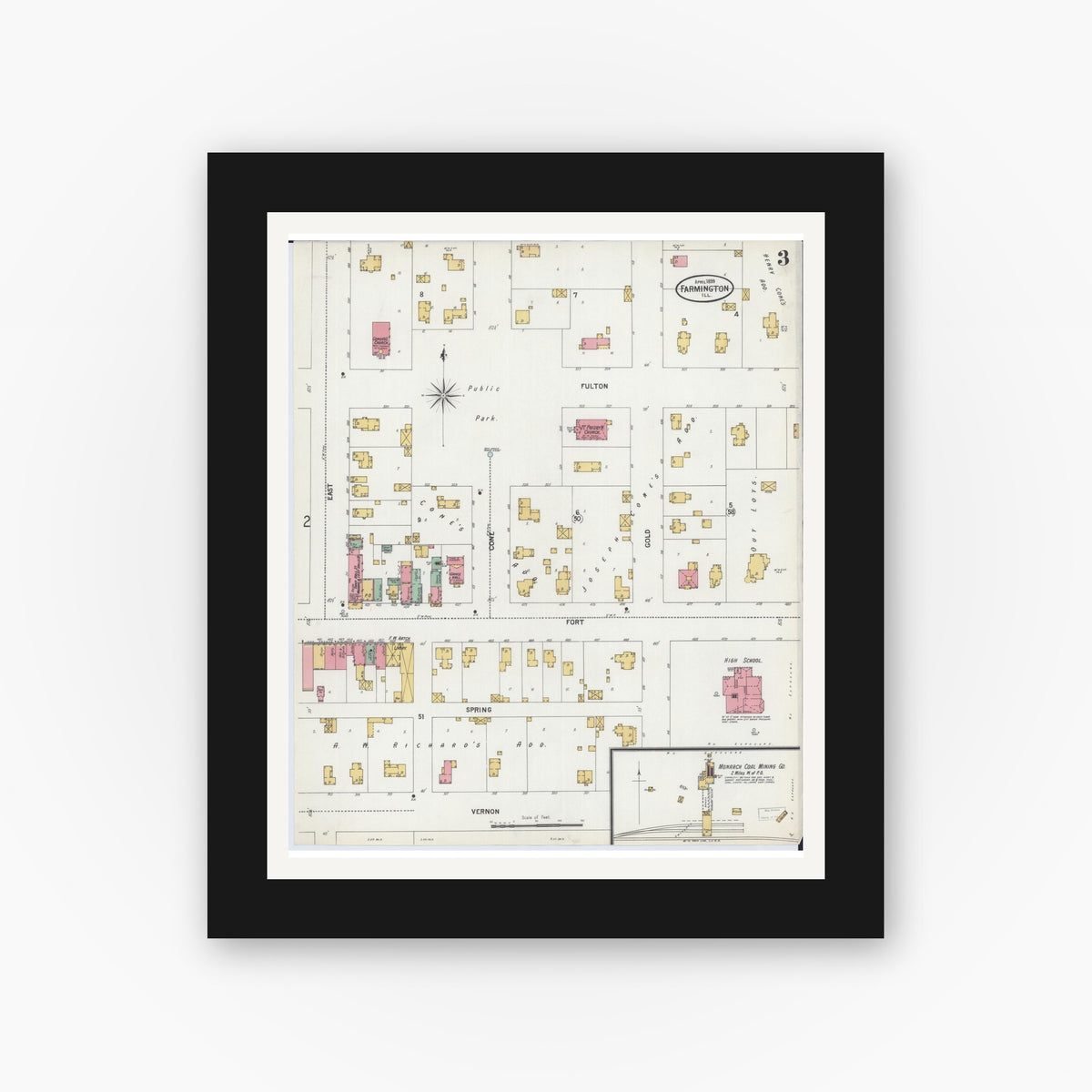 Old map wall art mockup — black gallery frame with white mat — Sanborn Fire Insurance Map from Farmington, Fulton County, Illinois (1899), Sheet #0003