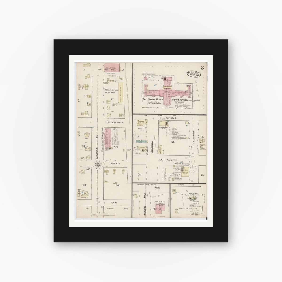 Old map wall art mockup — black gallery frame with white mat — Sanborn Fire Insurance Map from Terrell, Kaufman County, Texas (1885), Sheet #0003