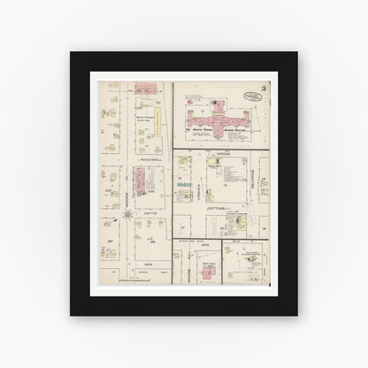 Old map wall art mockup — black gallery frame with white mat — Sanborn Fire Insurance Map from Terrell, Kaufman County, Texas (1885), Sheet #0003