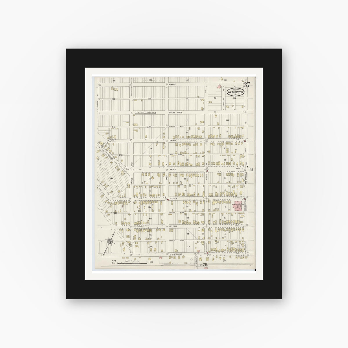 Old map wall art mockup — black gallery frame with white mat — Sanborn Fire Insurance Map from Washington, Washington County, Pennsylvania (1914), Sheet #0037