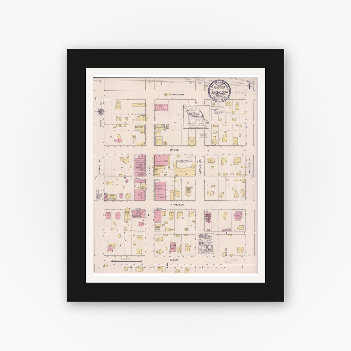 Old map wall art mockup — black gallery frame with white mat — Sanborn Fire Insurance Map from Knobnoster, Johnson County, Missouri (1922) - Complete Map Set