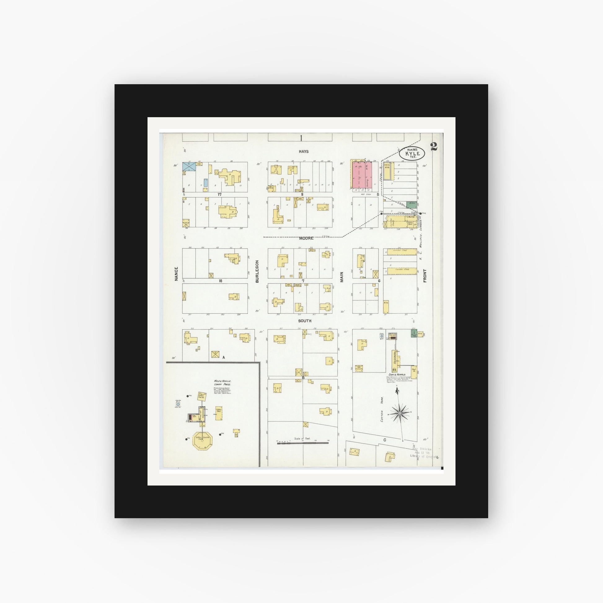 Old map wall art mockup — black gallery frame with white mat — Sanborn Fire Insurance Map from Kyle, Hays County, Texas (1902), Sheet #0002