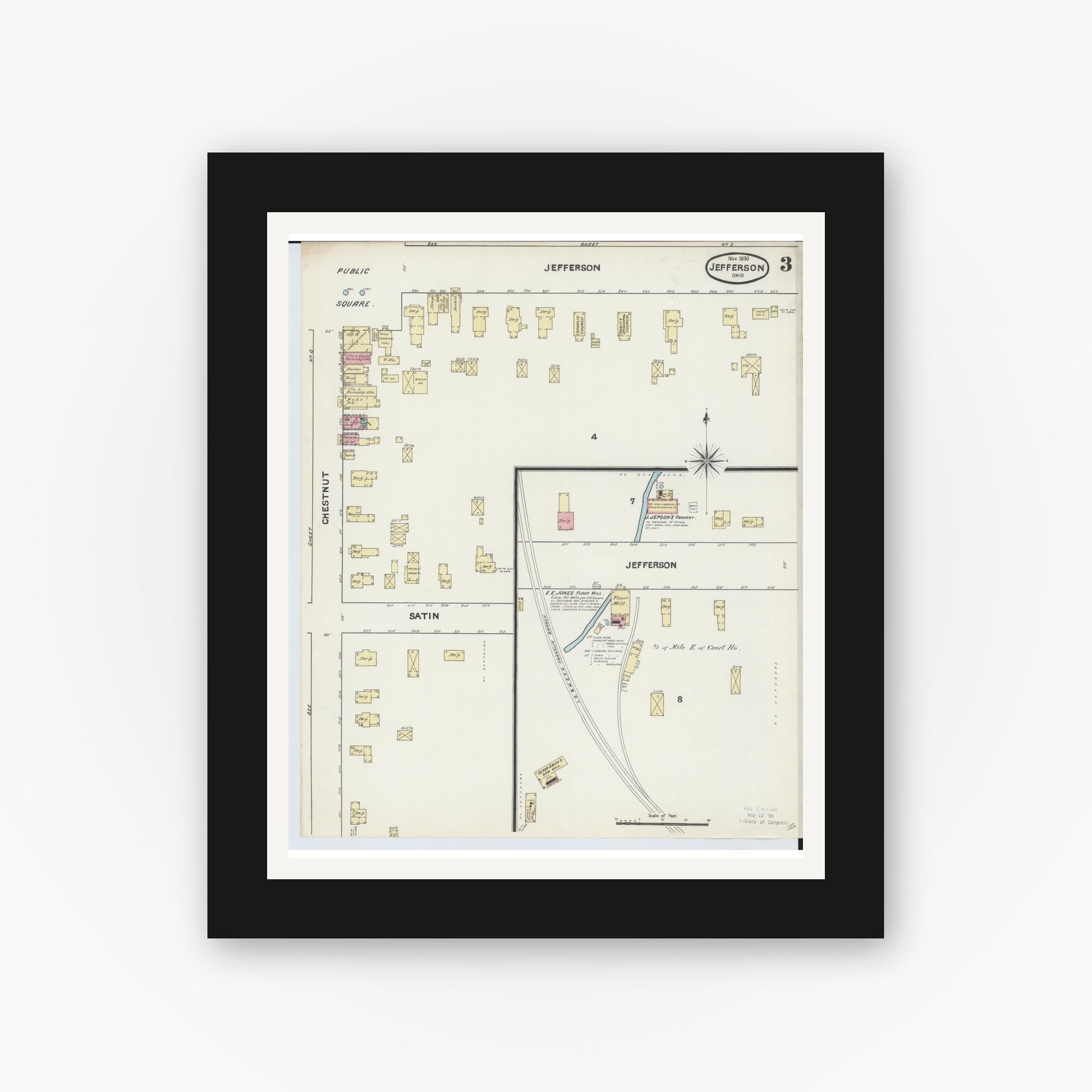 Old map wall art mockup — black gallery frame with white mat — Sanborn Fire Insurance Map from Jefferson, Ashtabula County, Ohio (1890), Sheet #0003