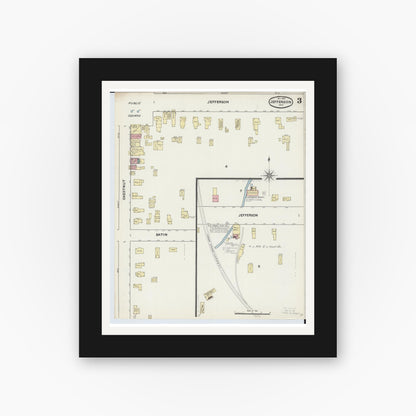 Old map wall art mockup — black gallery frame with white mat — Sanborn Fire Insurance Map from Jefferson, Ashtabula County, Ohio (1890), Sheet #0003