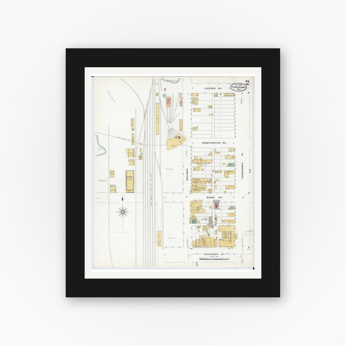 Old map wall art mockup — black gallery frame with white mat — Sanborn Fire Insurance Map from Tomahawk, Lincoln County, Wisconsin (1908), Sheet #0002
