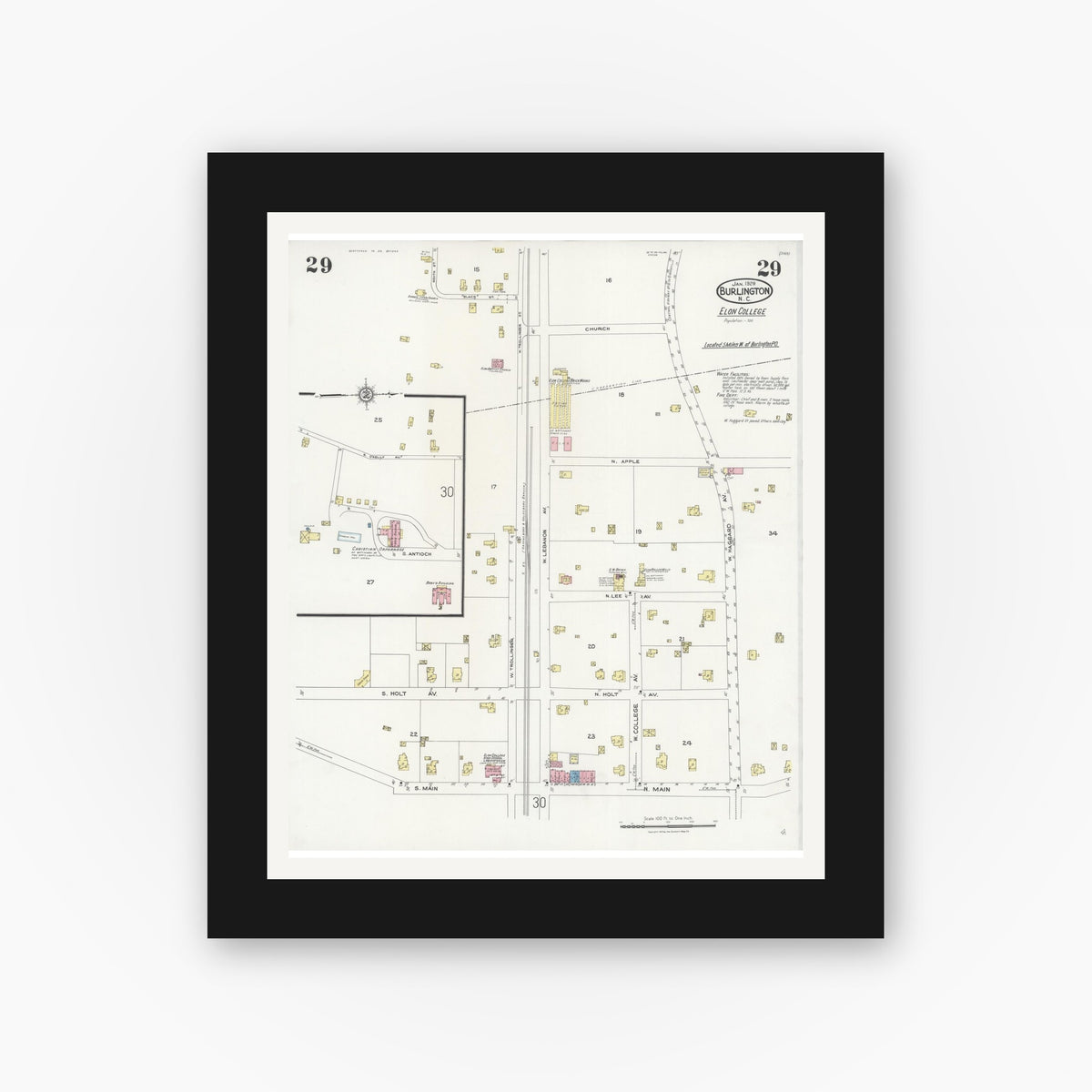 Old map wall art mockup — black gallery frame with white mat — Sanborn Fire Insurance Map from Burlington, Alamance County, North Carolina (1929), Sheet #0029