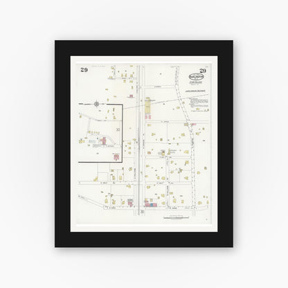 Old map wall art mockup — black gallery frame with white mat — Sanborn Fire Insurance Map from Burlington, Alamance County, North Carolina (1929), Sheet #0029