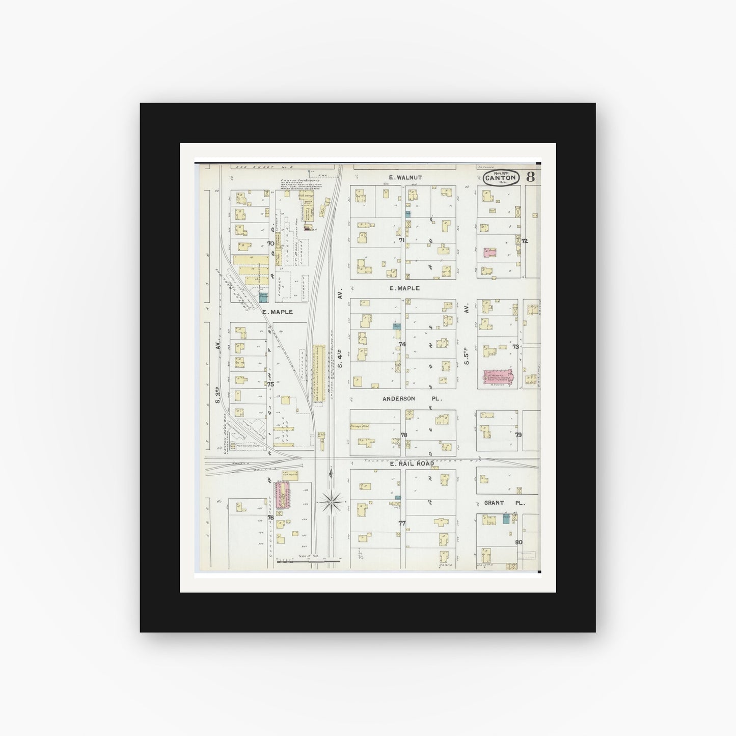 Old map wall art mockup — black gallery frame with white mat — Sanborn Fire Insurance Map from Canton, Fulton County, Illinois (1891), Sheet #0008