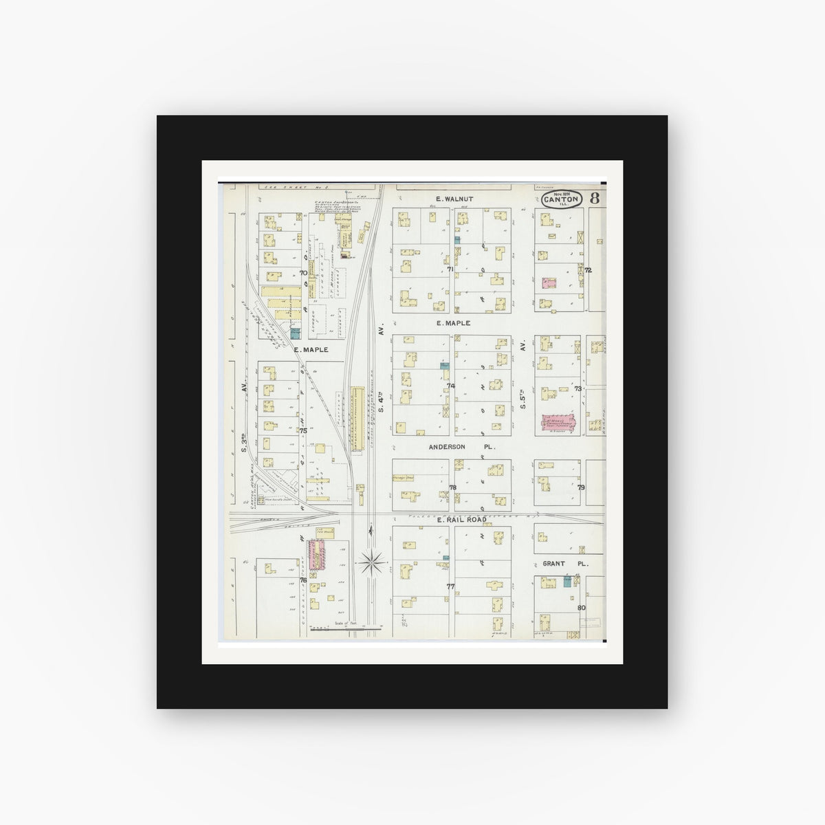Old map wall art mockup — black gallery frame with white mat — Sanborn Fire Insurance Map from Canton, Fulton County, Illinois (1891), Sheet #0008