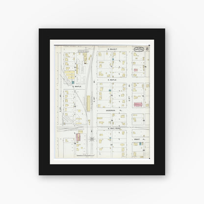 Old map wall art mockup — black gallery frame with white mat — Sanborn Fire Insurance Map from Canton, Fulton County, Illinois (1891), Sheet #0008