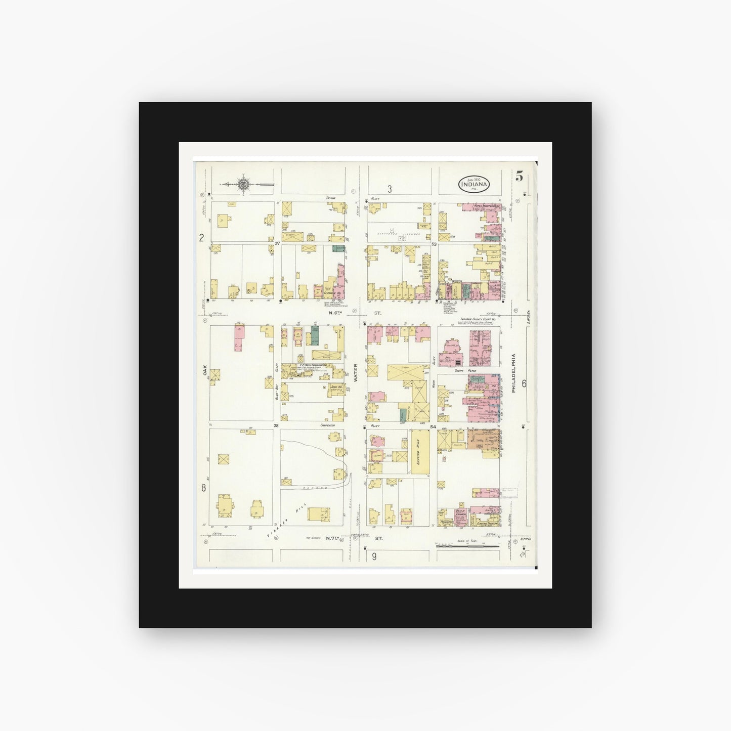 Old map wall art mockup — black gallery frame with white mat — Sanborn Fire Insurance Map from Indiana, Indiana County, Pennsylvania (1910), Sheet #0005