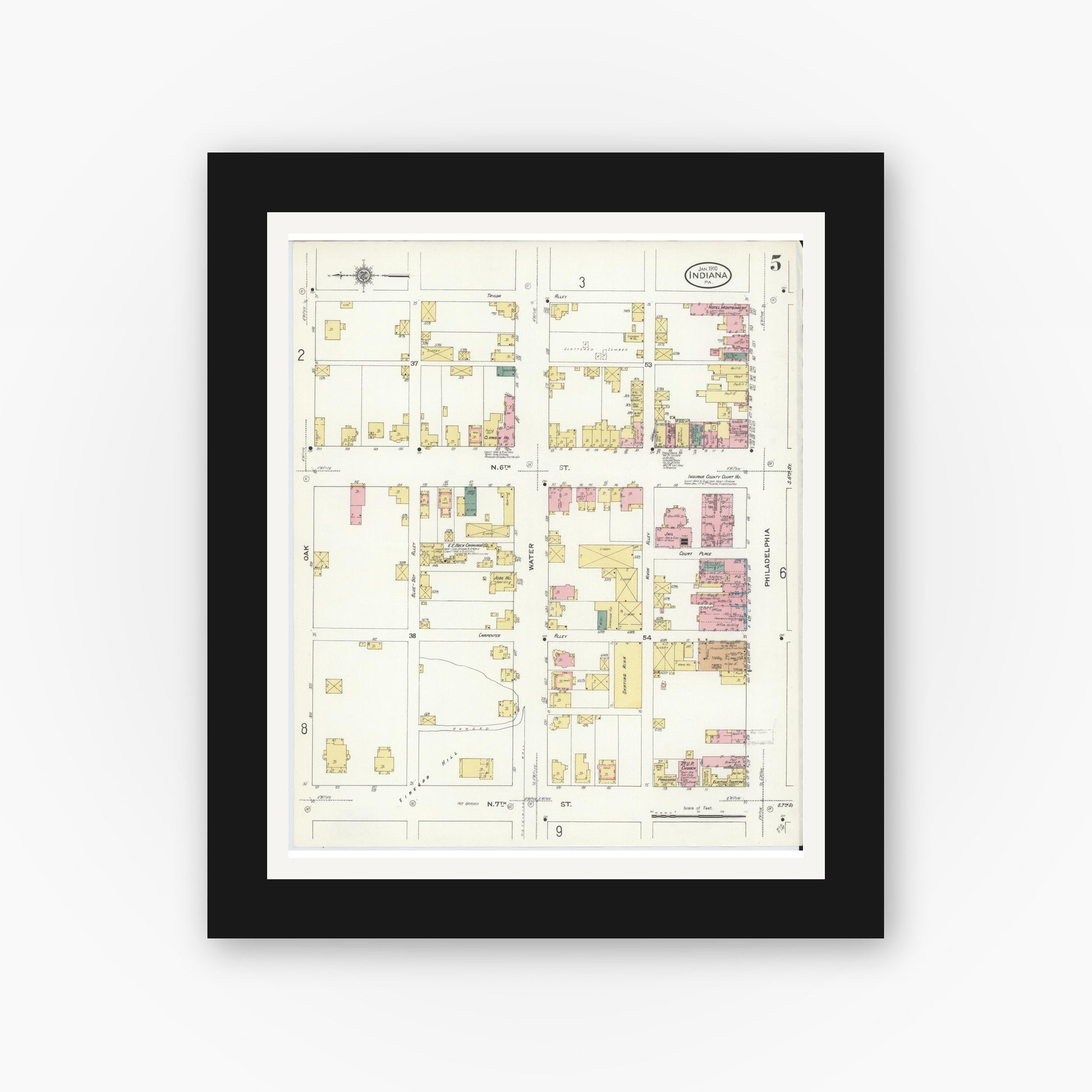 Old map wall art mockup — black gallery frame with white mat — Sanborn Fire Insurance Map from Indiana, Indiana County, Pennsylvania (1910), Sheet #0005