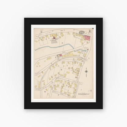 Old map wall art mockup — black gallery frame with white mat — Sanborn Fire Insurance Map from Spencer, Worcester County, Massachusetts (1922), Sheet #0004