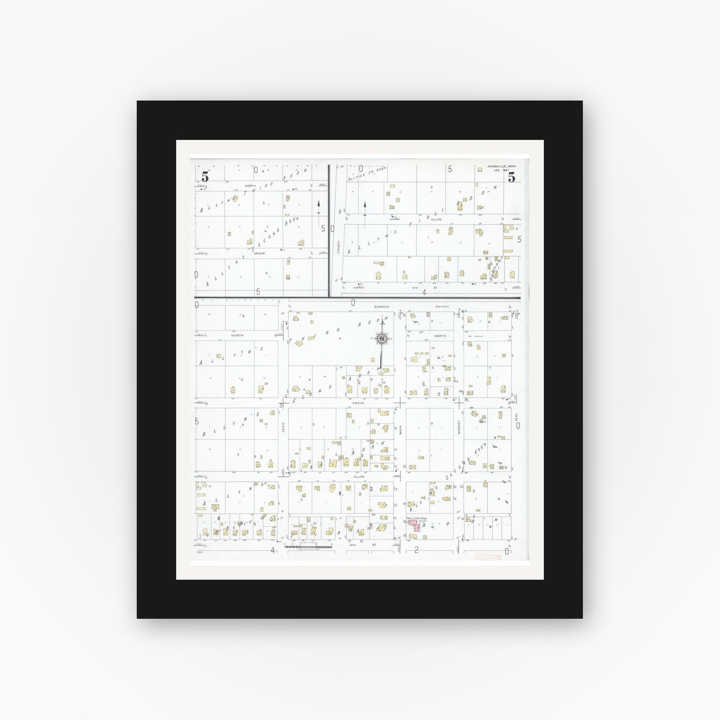 Old map wall art mockup — black gallery frame with white mat — Sanborn Fire Insurance Map from Janesville, Waseca County, Minnesota (1947), Sheet #0005