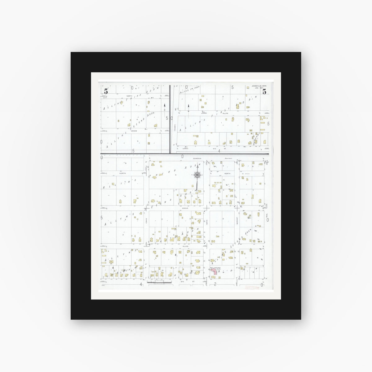 Old map wall art mockup — black gallery frame with white mat — Sanborn Fire Insurance Map from Janesville, Waseca County, Minnesota (1947), Sheet #0005