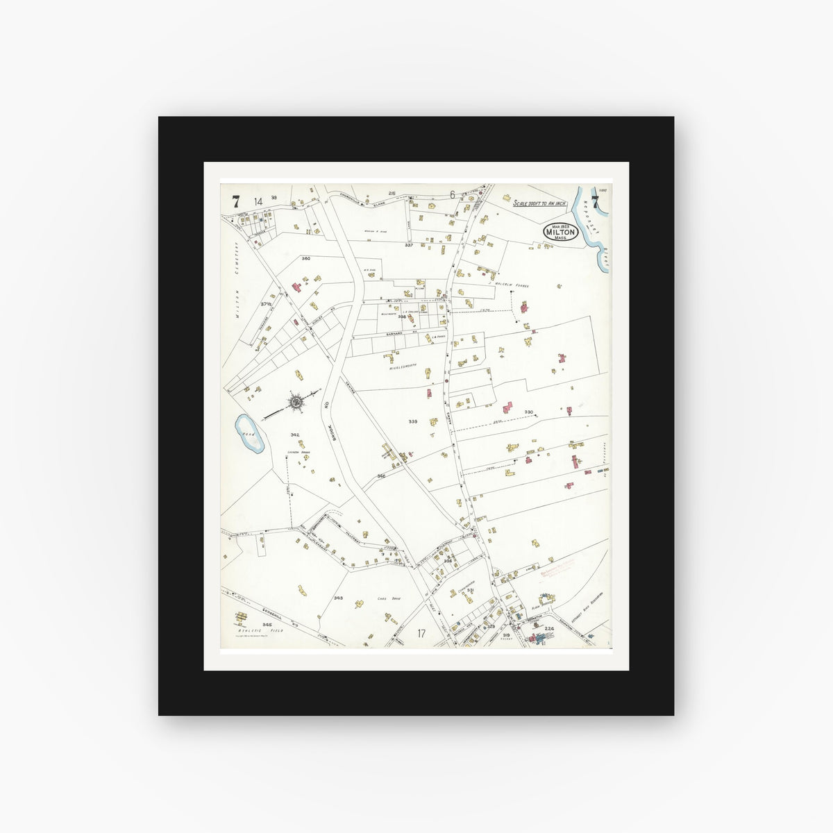 Old map wall art mockup — black gallery frame with white mat — Sanborn Fire Insurance Map from Milton, Norfolk County, Massachusetts (1923), Sheet #0007