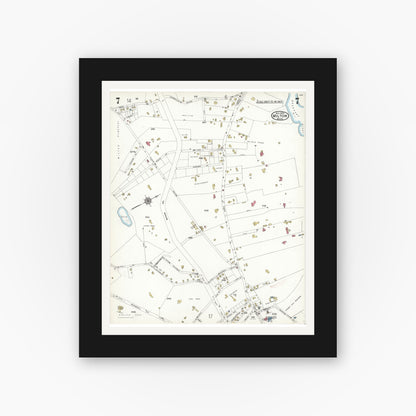 Old map wall art mockup — black gallery frame with white mat — Sanborn Fire Insurance Map from Milton, Norfolk County, Massachusetts (1923), Sheet #0007
