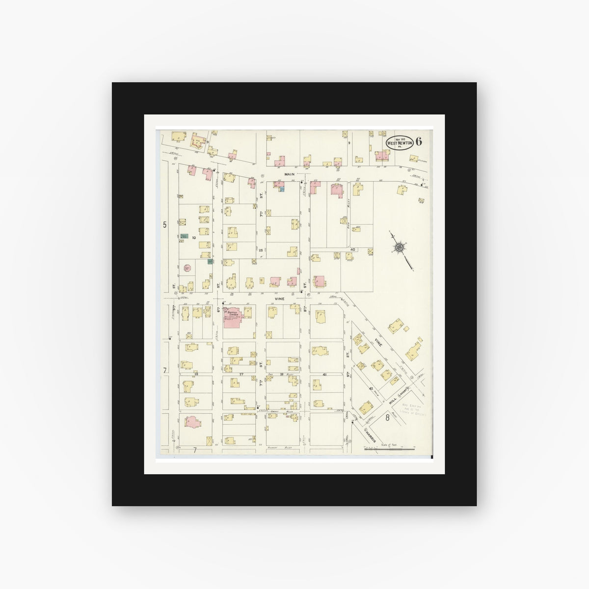 Old map wall art mockup — black gallery frame with white mat — Sanborn Fire Insurance Map from West Newton, Westmoreland County, Pennsylvania (1910), Sheet #0006