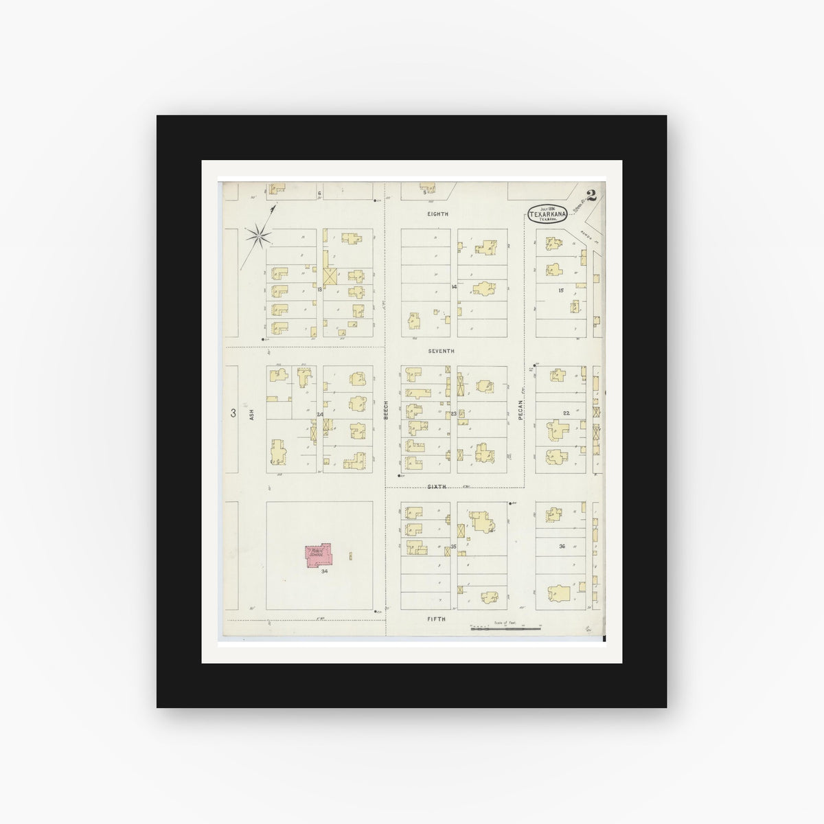 Old map wall art mockup — black gallery frame with white mat — Sanborn Fire Insurance Map from Texarkana, Bowie County, Texas (1896), Sheet #0002