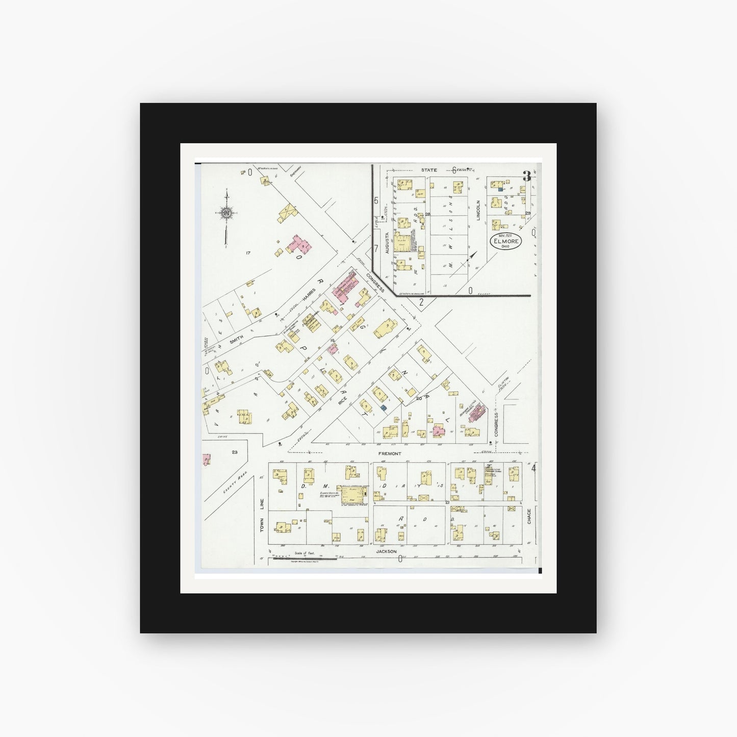 Old map wall art mockup — black gallery frame with white mat — Sanborn Fire Insurance Map from Elmore, Ottawa County, Ohio (1920), Sheet #0003