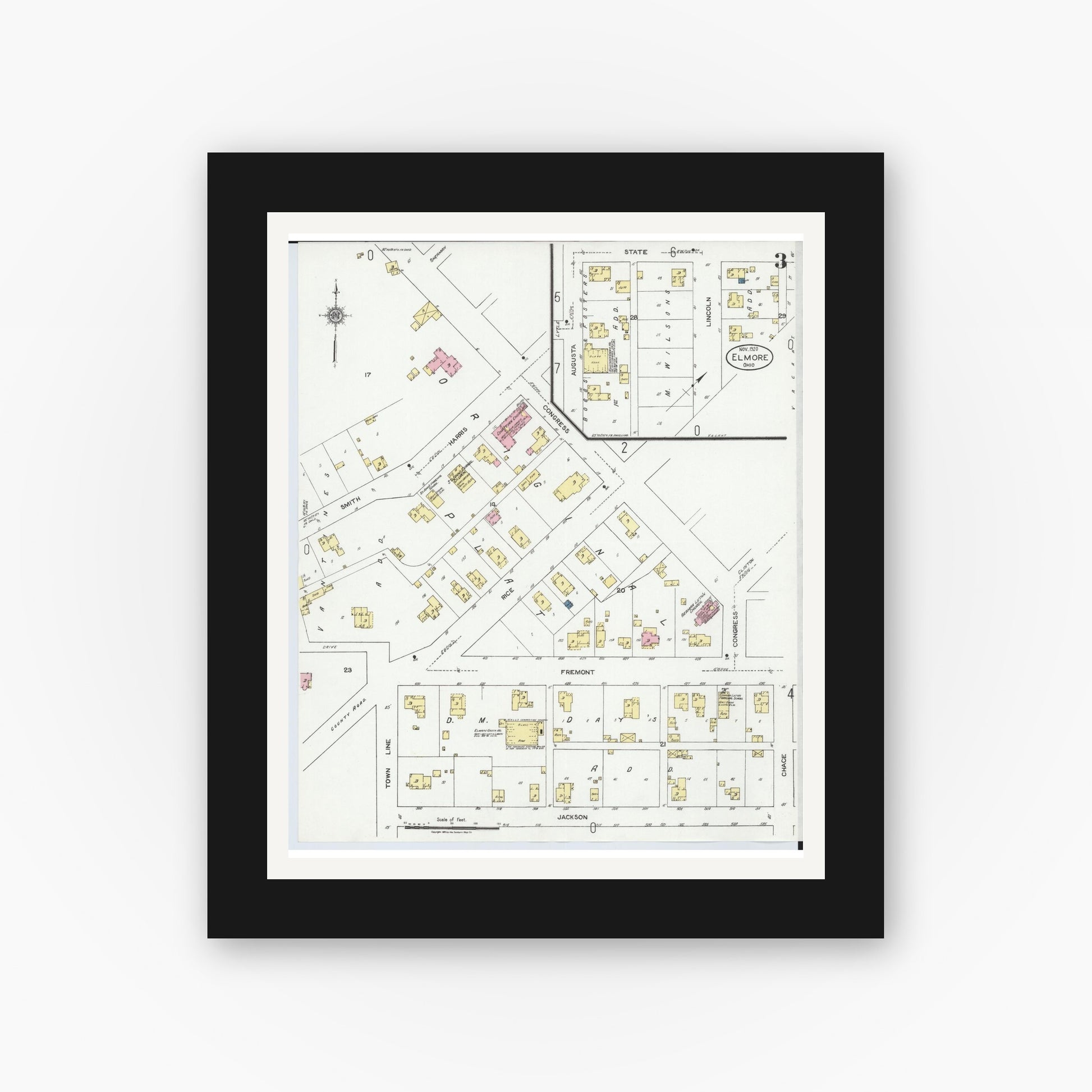 Old map wall art mockup — black gallery frame with white mat — Sanborn Fire Insurance Map from Elmore, Ottawa County, Ohio (1920), Sheet #0003