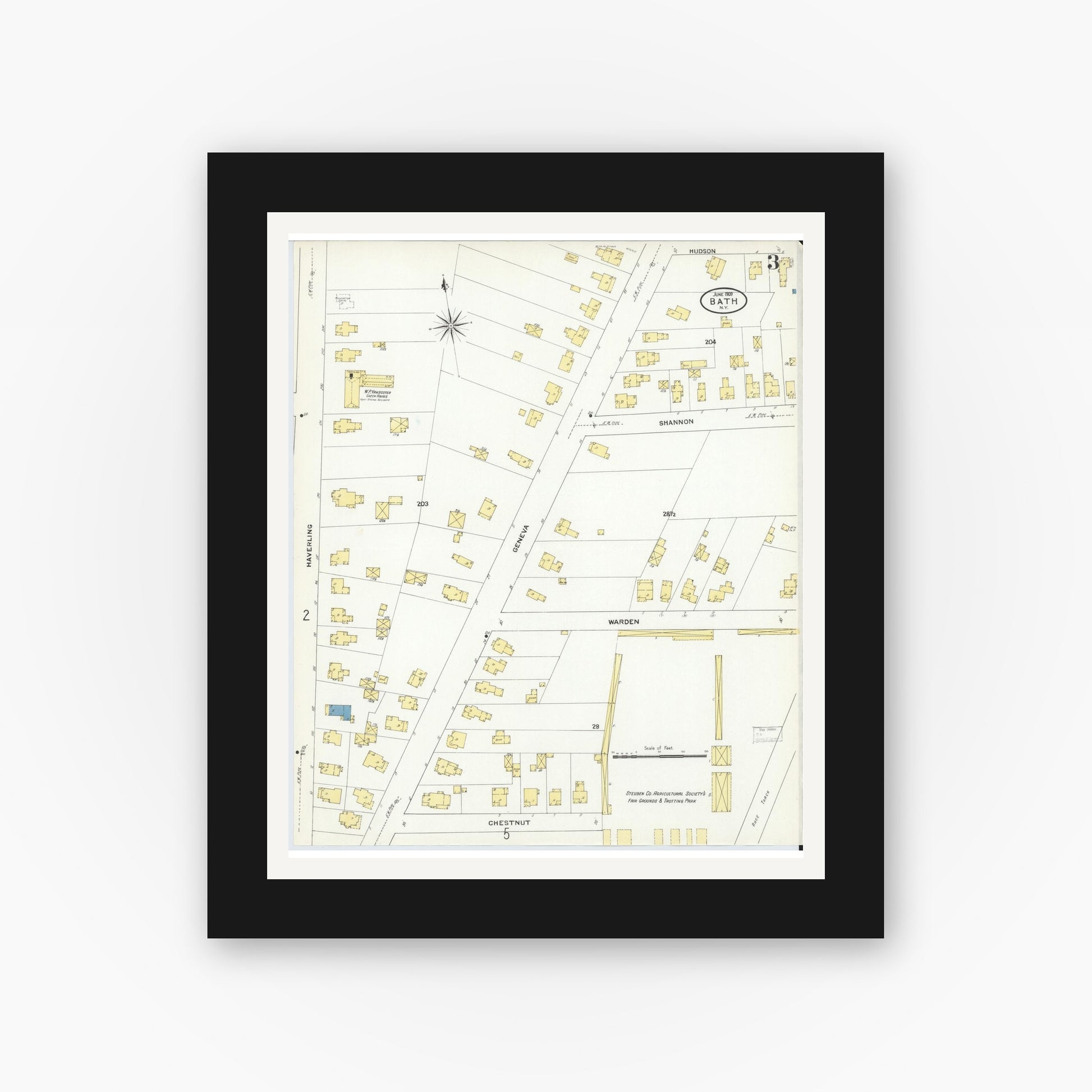Old map wall art mockup — black gallery frame with white mat — Sanborn Fire Insurance Map from Bath, Steuben County, New York (1909), Sheet #0003
