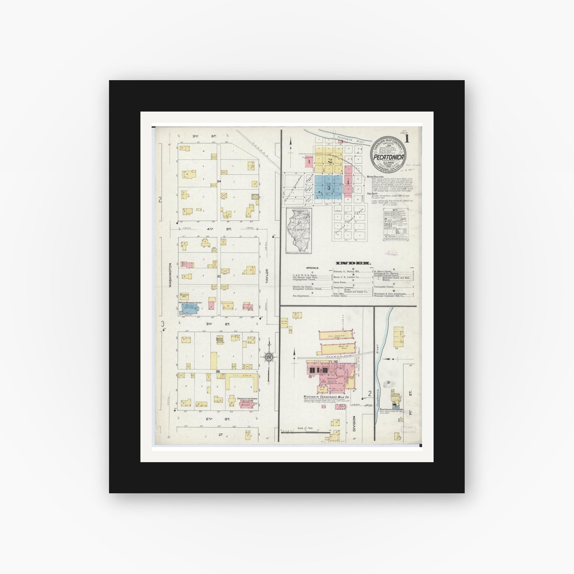 Old map wall art mockup — black gallery frame with white mat — Sanborn Fire Insurance Map from Pecatonica, Winnebago County, Illinois (1912), Sheet #0001