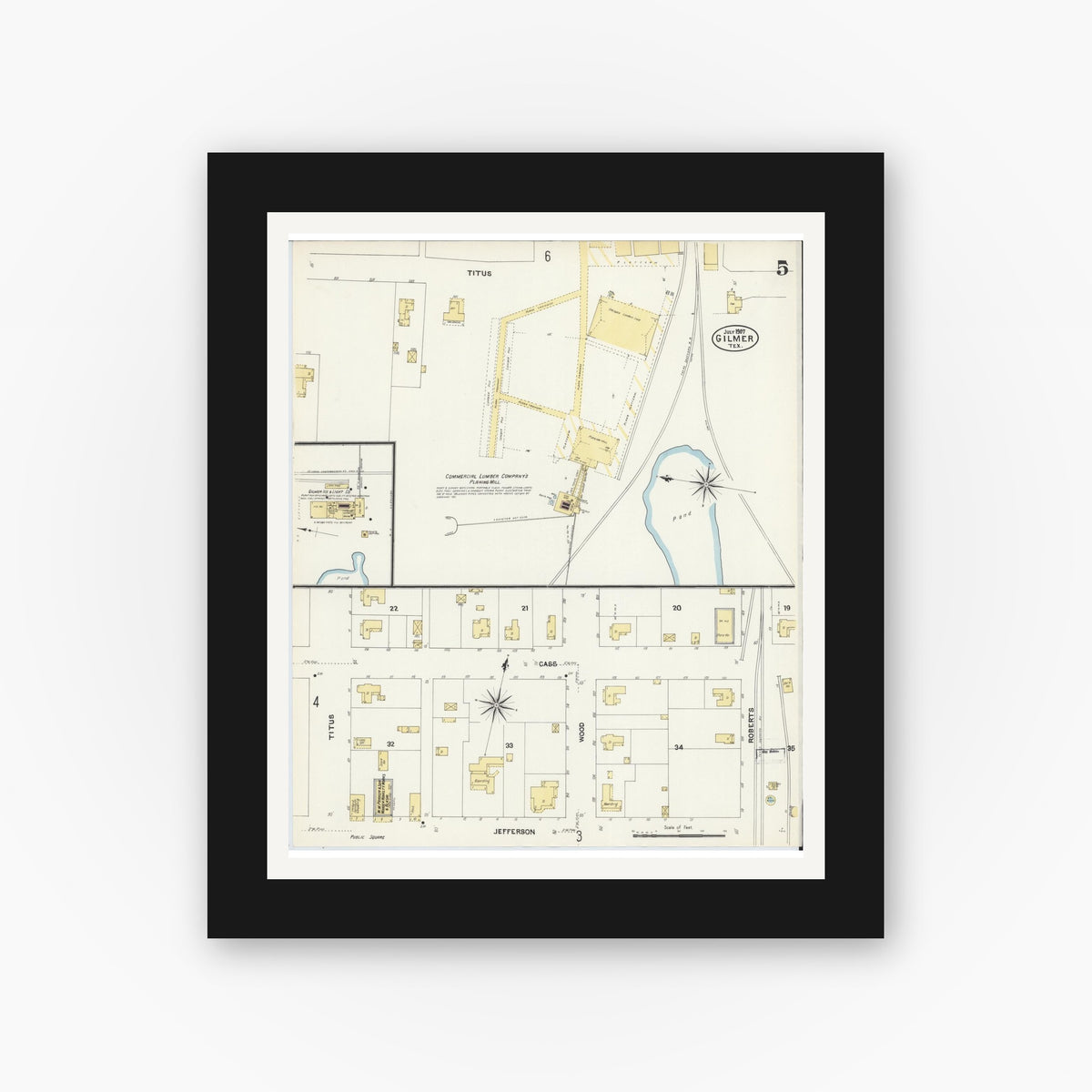 Old map wall art mockup — black gallery frame with white mat — Sanborn Fire Insurance Map from Gilmer, Upshur County, Texas (1907), Sheet #0005
