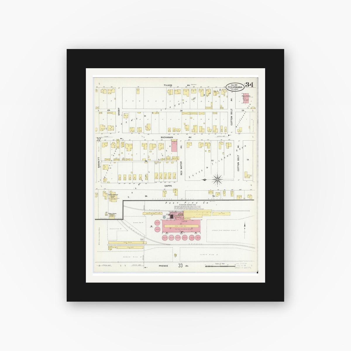 Old map wall art mockup — black gallery frame with white mat — Sanborn Fire Insurance Map from Texarkana, Bowie County, Texas (1909), Sheet #0034