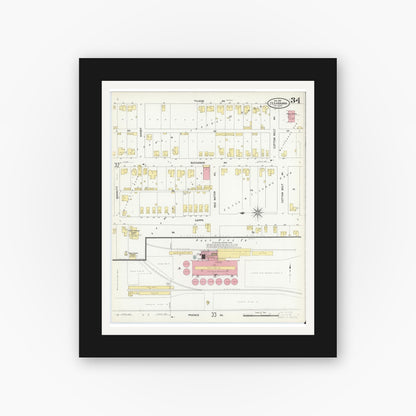 Old map wall art mockup — black gallery frame with white mat — Sanborn Fire Insurance Map from Texarkana, Bowie County, Texas (1909), Sheet #0034