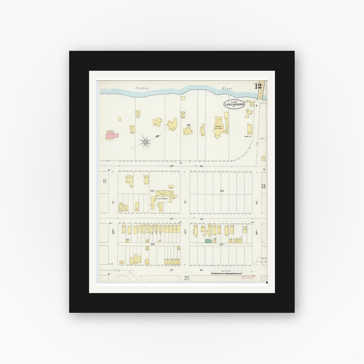 Old map wall art mockup — black gallery frame with white mat — Sanborn Fire Insurance Map from Lansingburg, Rensselaer County, New York (1897), Sheet #0012