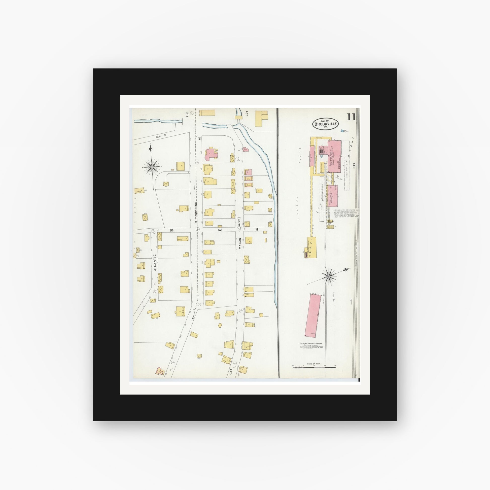 Old map wall art mockup — black gallery frame with white mat — Sanborn Fire Insurance Map from Brookville, Jefferson County, Pennsylvania (1904), Sheet #0011