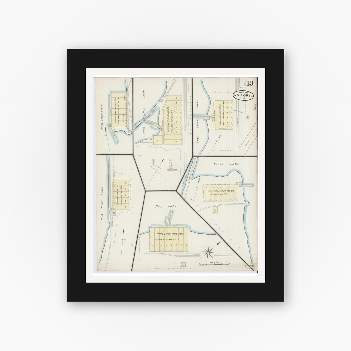 Old map wall art mockup — black gallery frame with white mat — Sanborn Fire Insurance Map from La Porte, La Porte County, Indiana (1886), Sheet #0013
